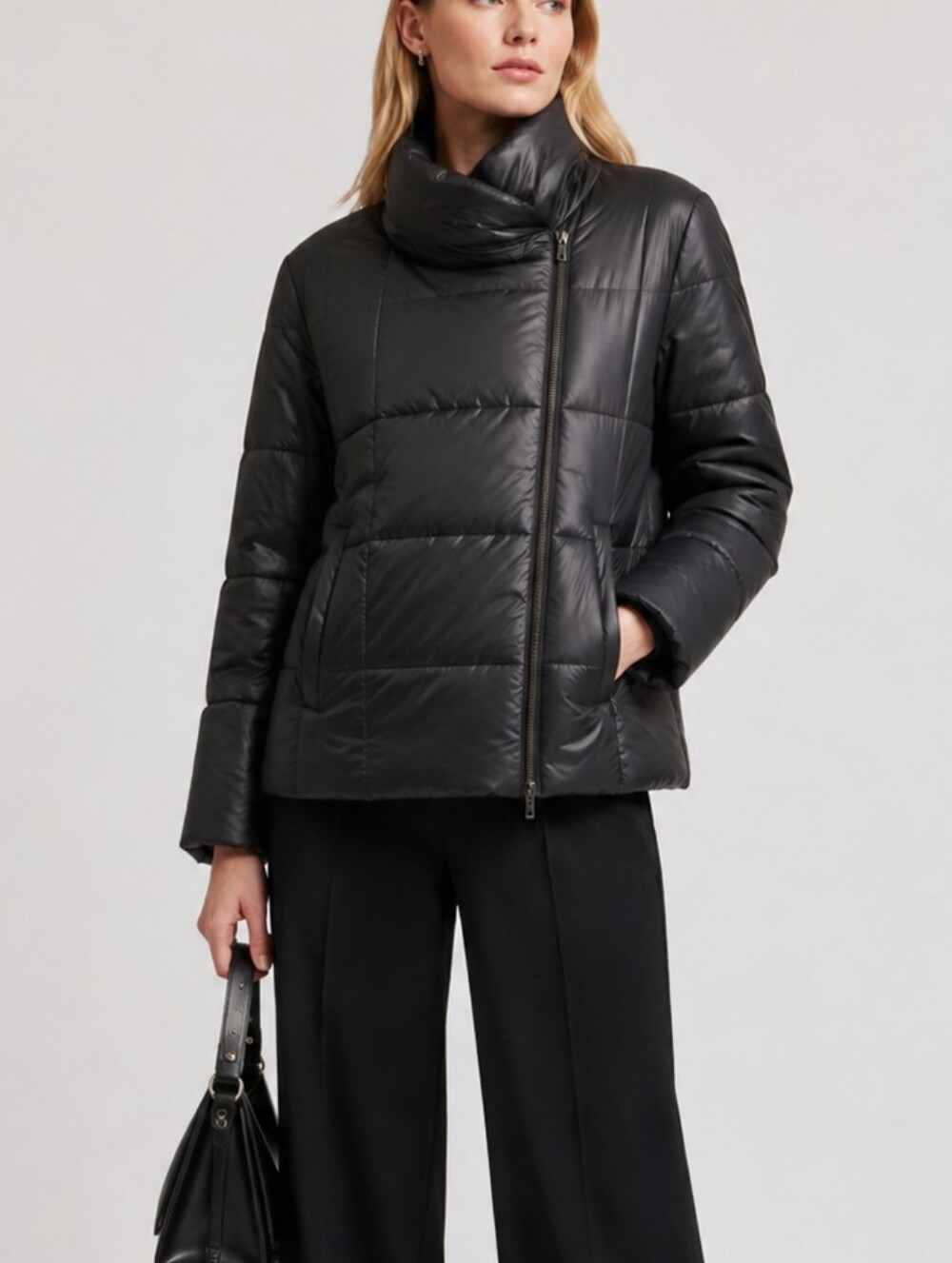 Eileen Fisher Down Puffer Coat Black Asymmetric Jacket Funnel Neck